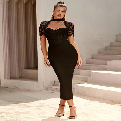 Yh321 горячая распродажа, черное кружевное платье с вырезом, сексуальное полое бандажное платье, праздничная юбка